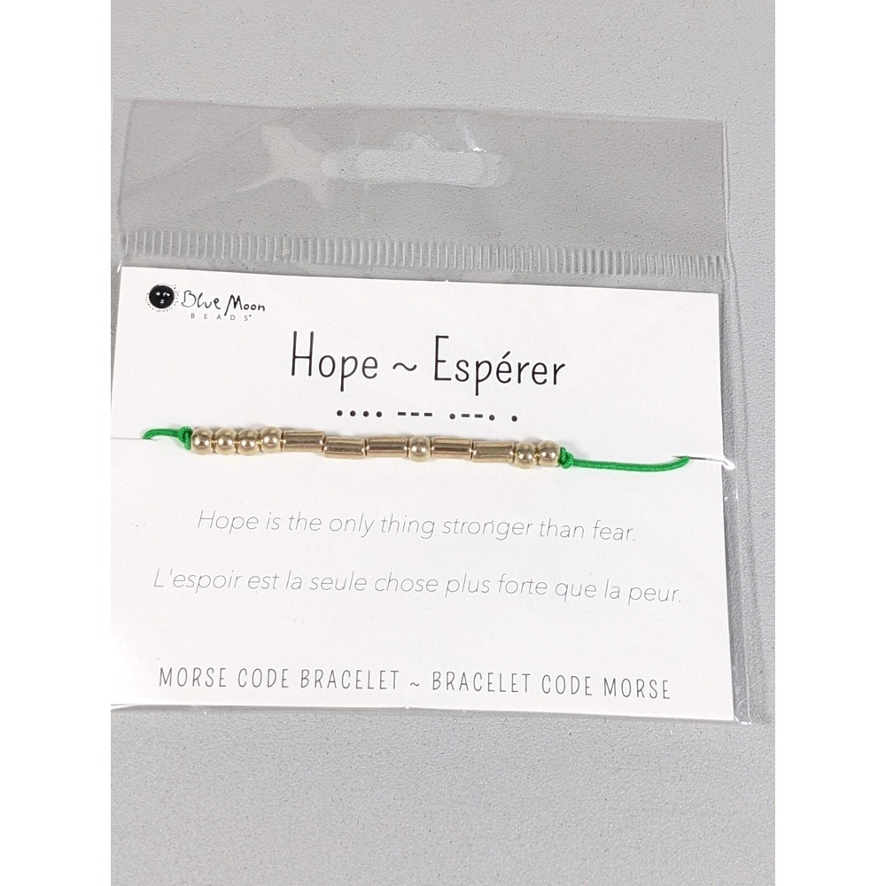 Hope Morse Code Bracelet Gold Tone Green Cord Adjustable Minimalist Gift